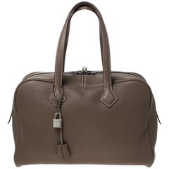 Used Hermes Taupe Grey Clemence Leather Victoria II Bag