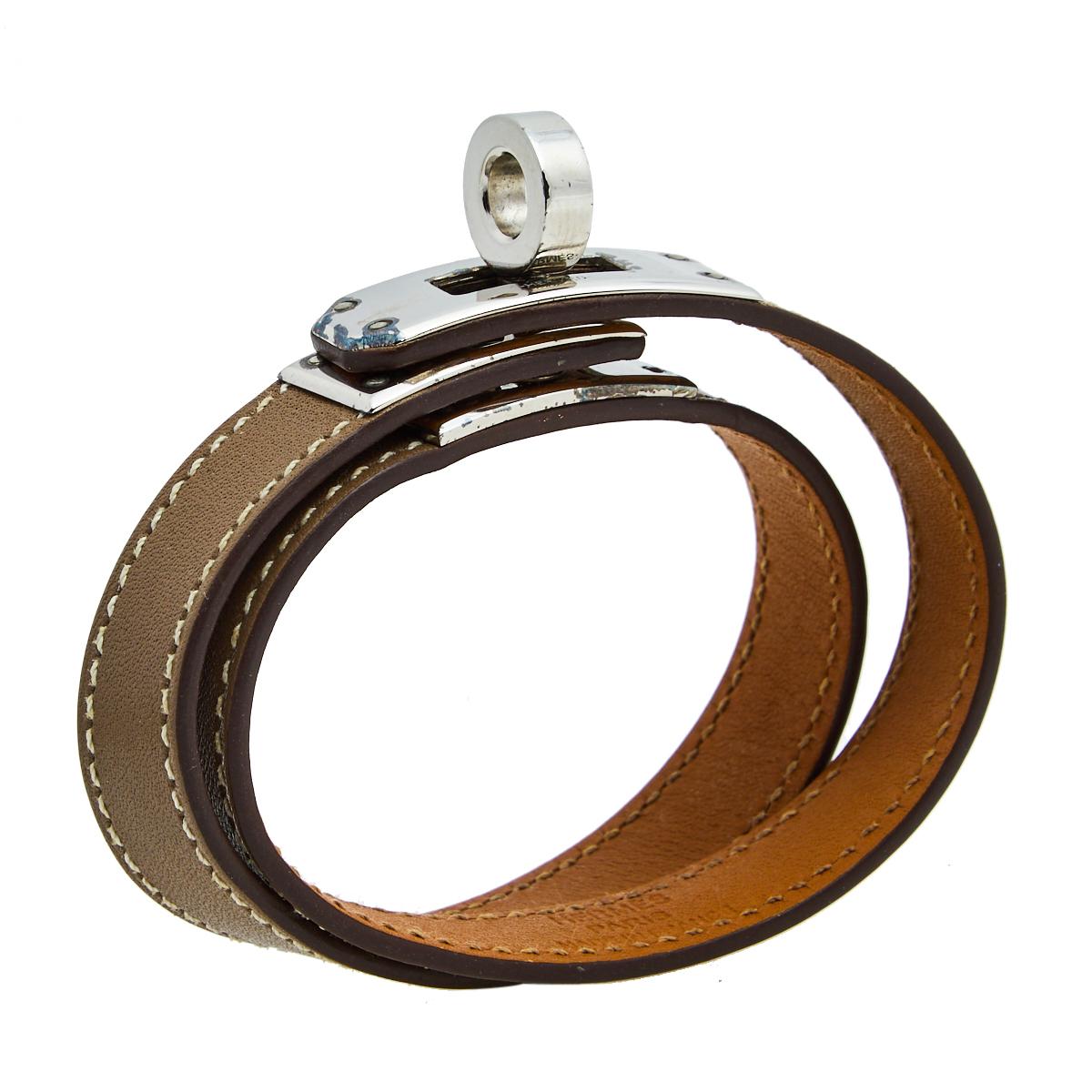 Contemporary Hermès Taupe Leather Palladium Plated Kelly Double Tour Bracelet M