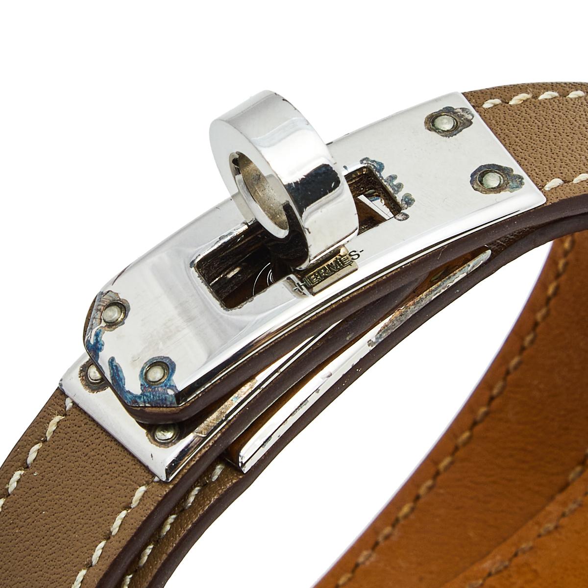 Hermès Taupe Leather Palladium Plated Kelly Double Tour Bracelet M In Good Condition In Dubai, Al Qouz 2