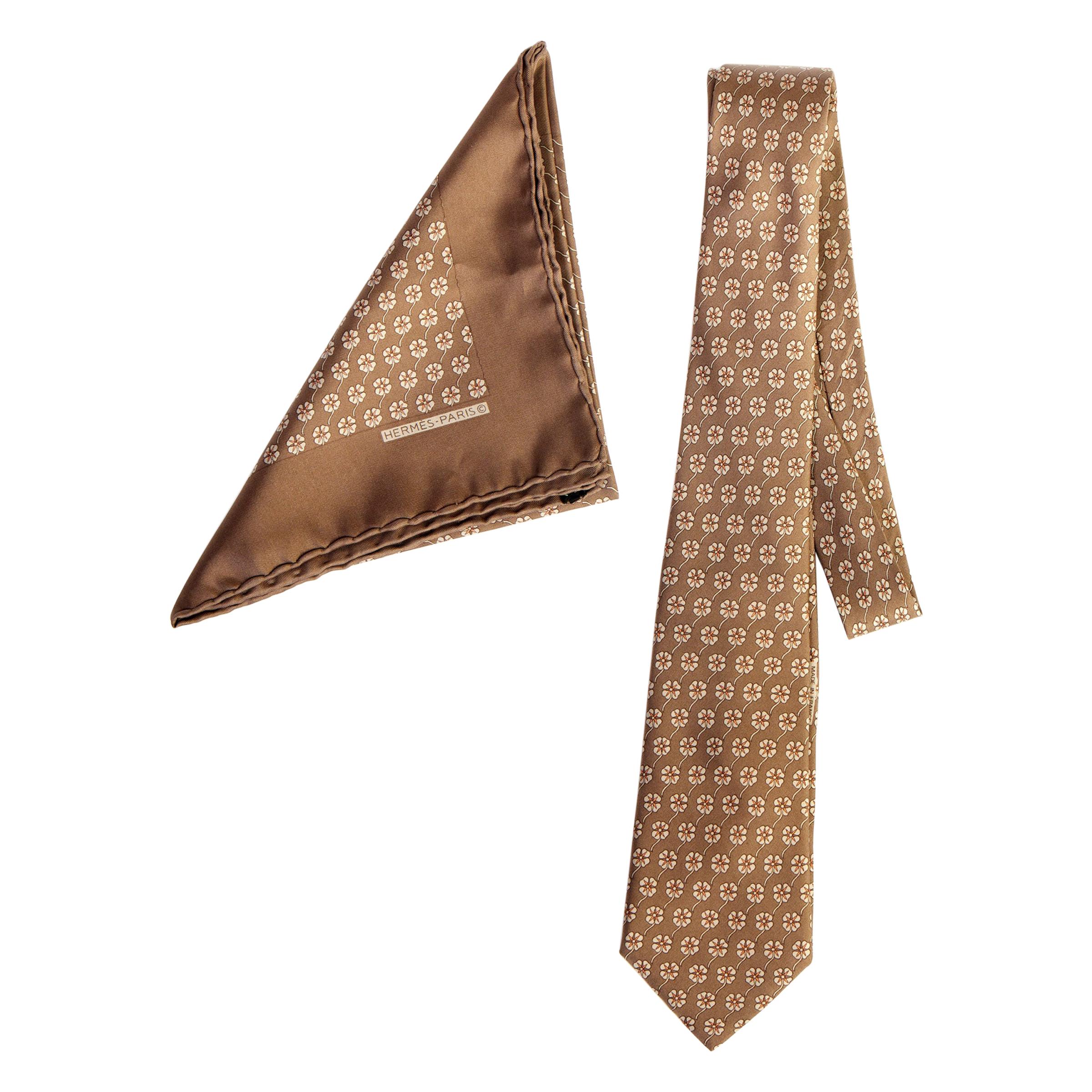 Hermes Taupe Silk Tie And Pocket Square