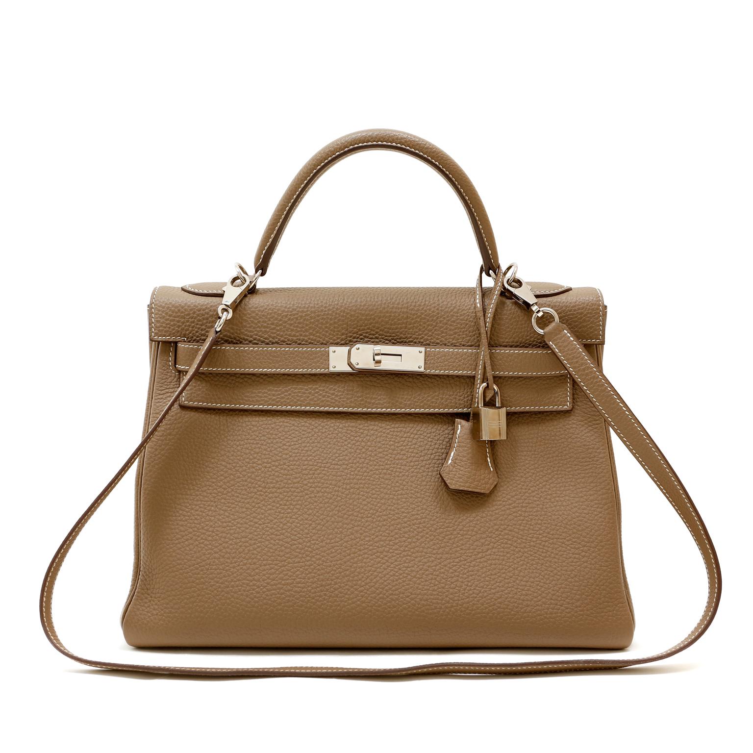 Brown Hermès Taupe Togo Leather 32 cm Kelly Bag with Palladium