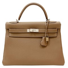 Hermès Taupe Togo Leder 32 cm Kelly Tasche mit Palladium