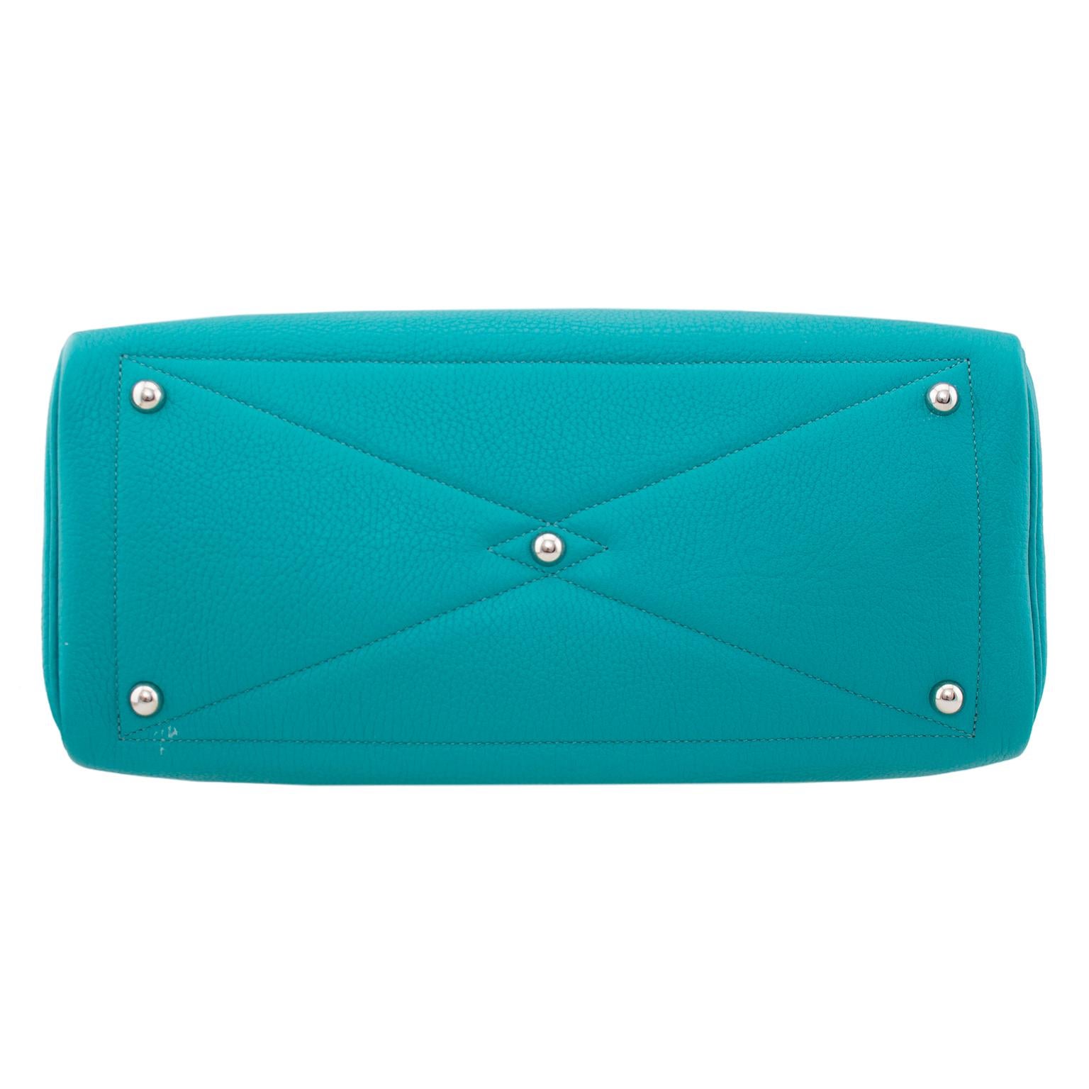 Blue Hermes Taurillon Clemence Novillo Victoria II 35 in Turquoise