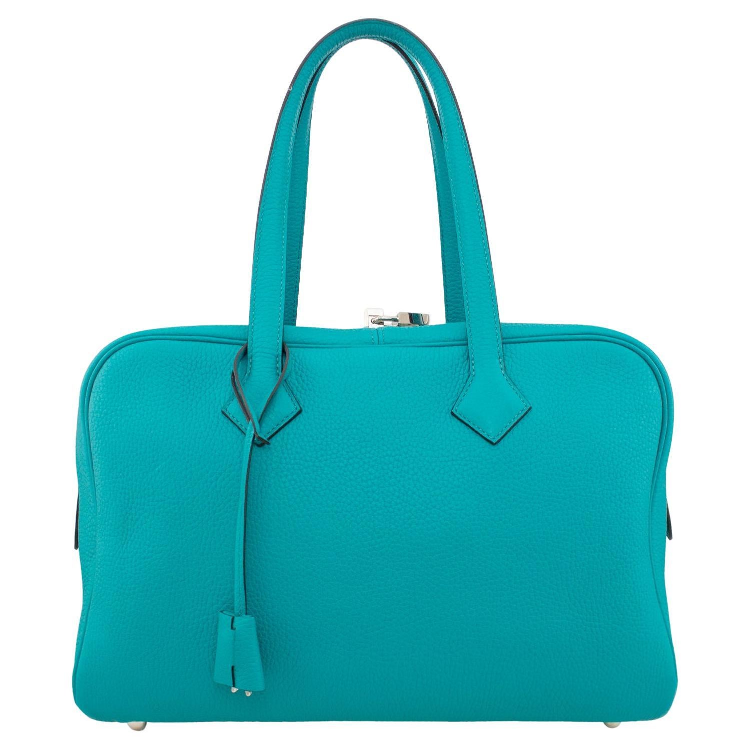  Hermes Taurillon Clemence Novillo Victoria II 35 in Turquoise  For Sale