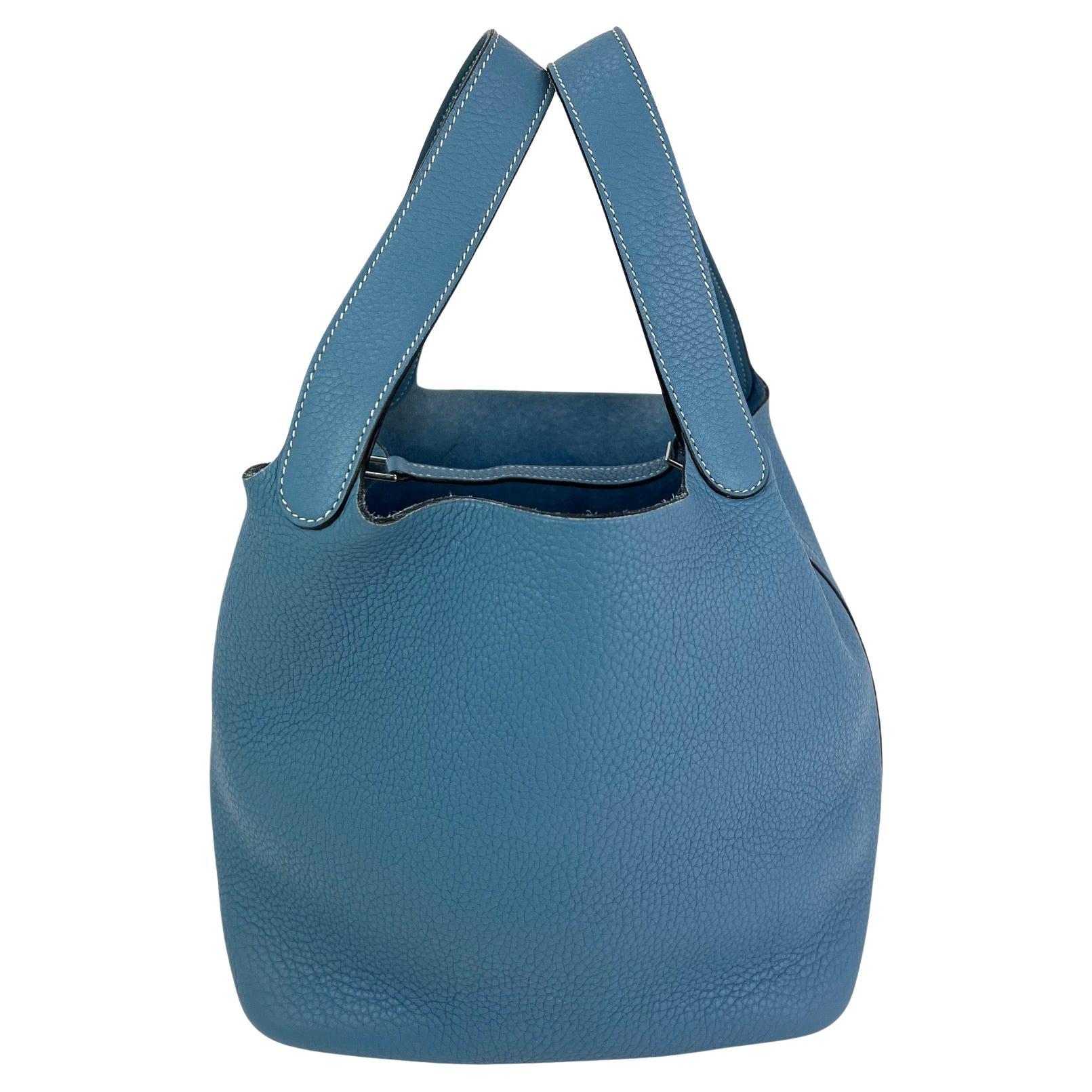 Hermes Taurillon Clemence Picotin 22 MM Blue Leather Hand Bag For Sale