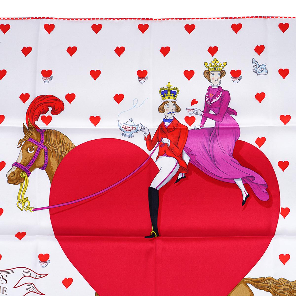 Mightychic offers an Hermes Tea Time Silk scarf scarf featured in Blanc, Framboise and Rouge Vif.
A charming depiction of romance.
Designed by Jonathan Burton.
Tea Time is the first collaboration between Jonathan Burton and Hermes.
Signature hand