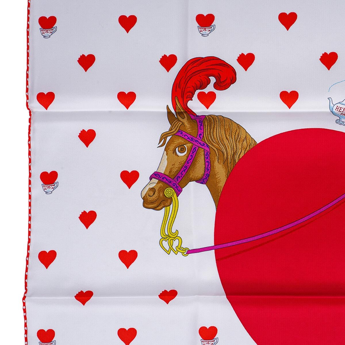 Beige Hermes Tea Time Blanc  Farmboise  Rouge Vif Silk Scarf 70 For Sale