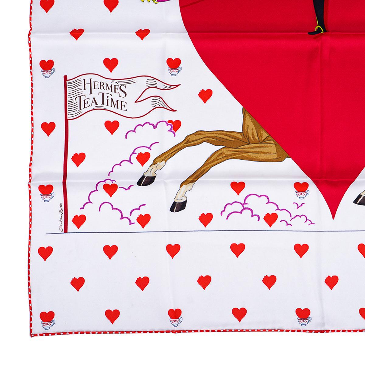 Hermes Tea Time Blanc  Farmboise  Rouge Vif Silk Scarf 70 In New Condition For Sale In Miami, FL