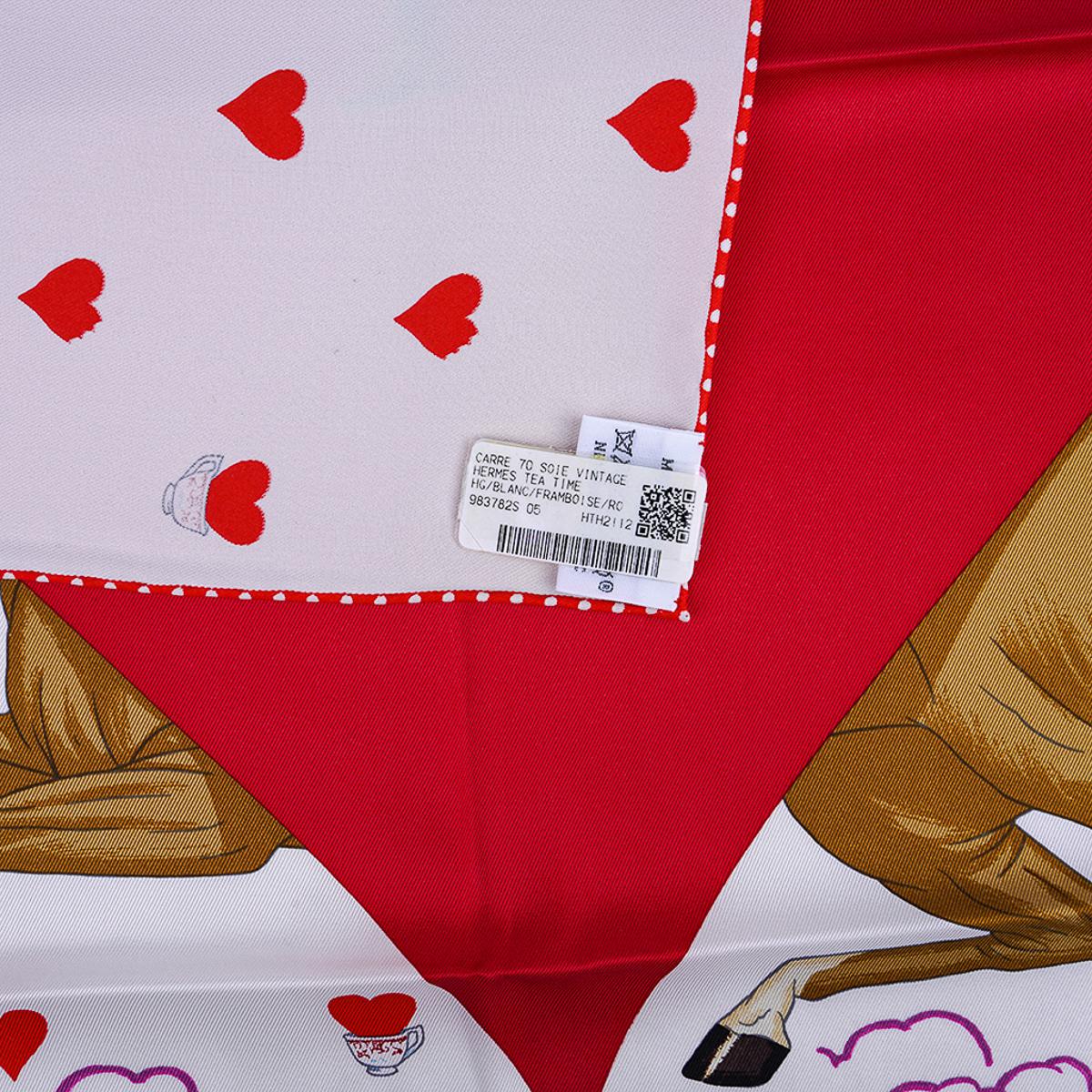 Hermes Tea Time Blanc  Farmboise  Rouge Vif Silk Scarf 70 For Sale 3