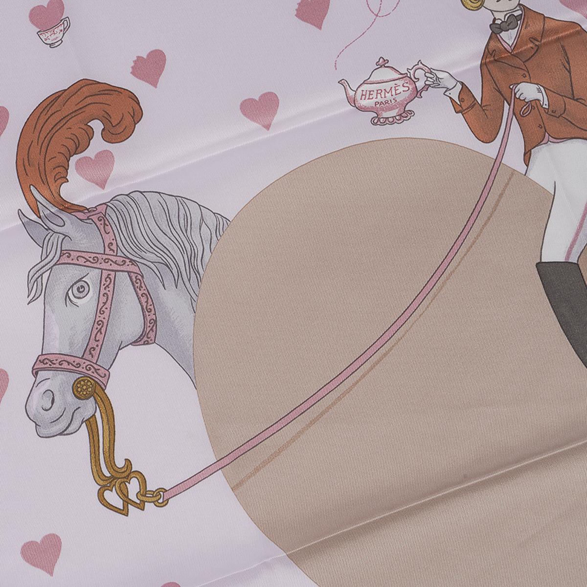 Hermes Tea Time Rose Pale and Beige Silk Scarf 70 In New Condition For Sale In Miami, FL