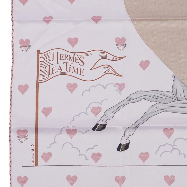 Hermes Tea Time Rose Pale and Beige Silk Scarf 70 For Sale 1