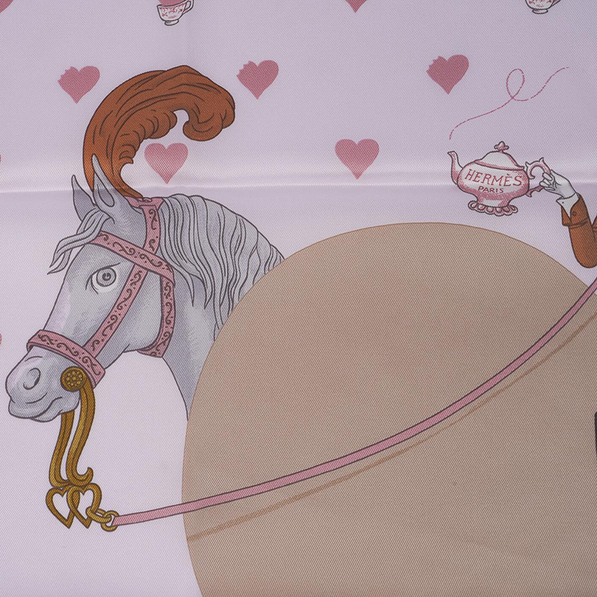 Hermes Tea Time Rose Pale and Beige Silk Scarf 70 For Sale 3