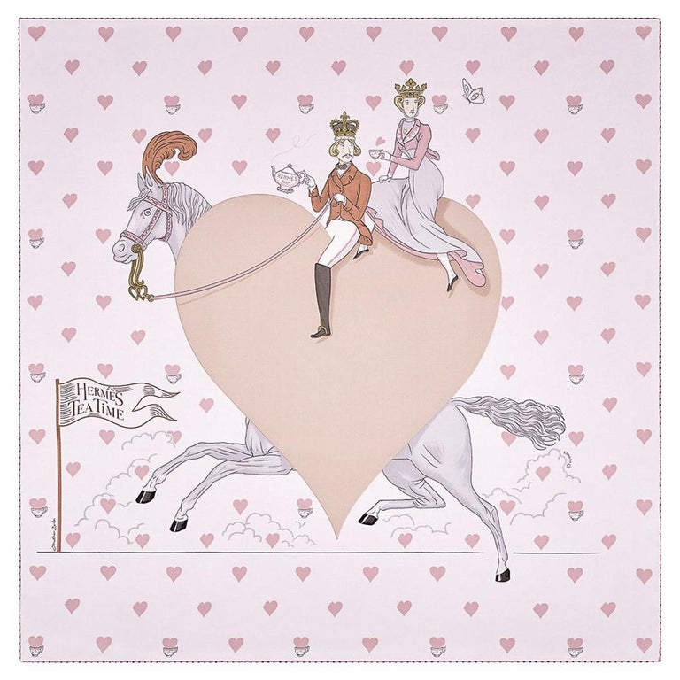 Hermes Tea Time Rose Pale and Beige Silk Scarf 70 For Sale