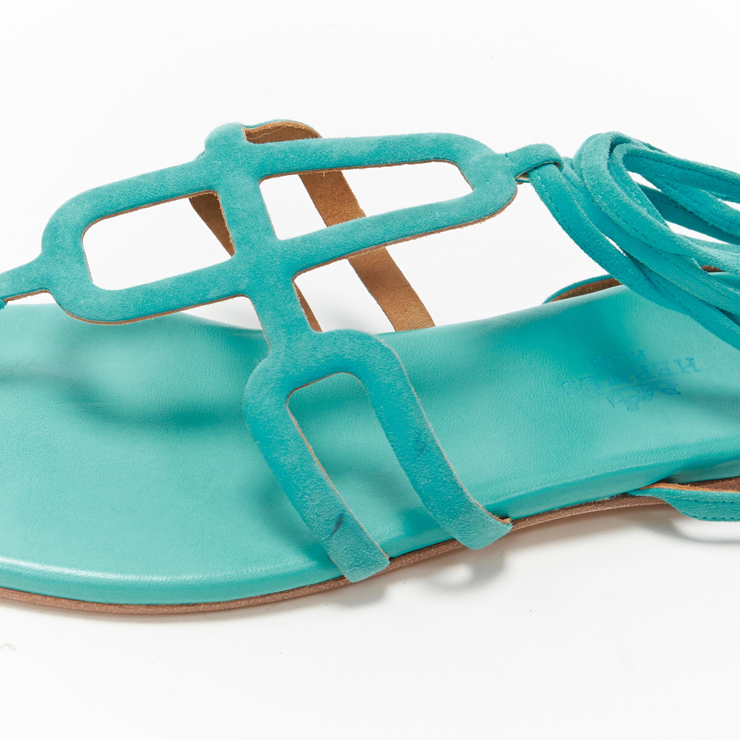 HERMES teal blue suede geometric buckle ankle wrap thong flat sandals EU35.5 2