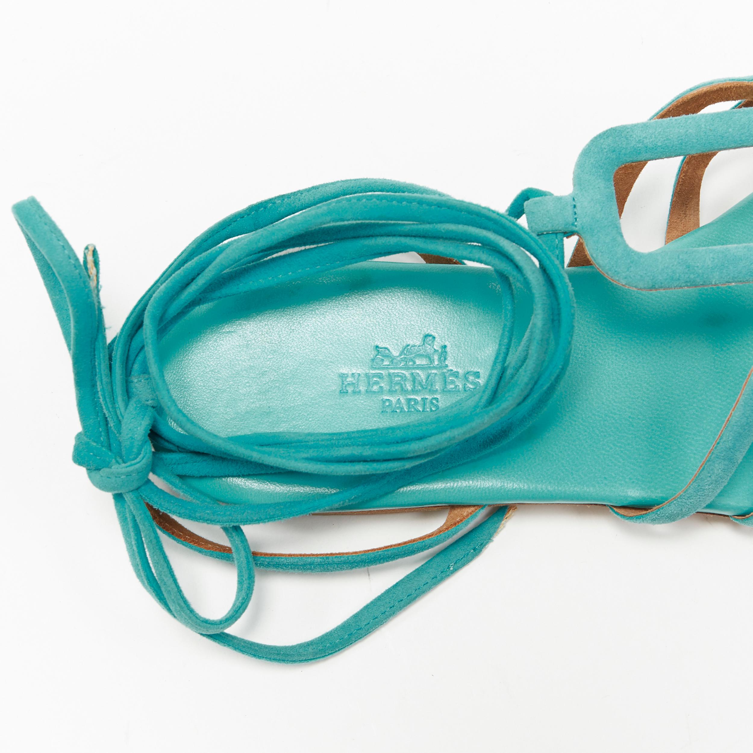 HERMES teal blue suede geometric buckle ankle wrap thong flat sandals EU35.5 3