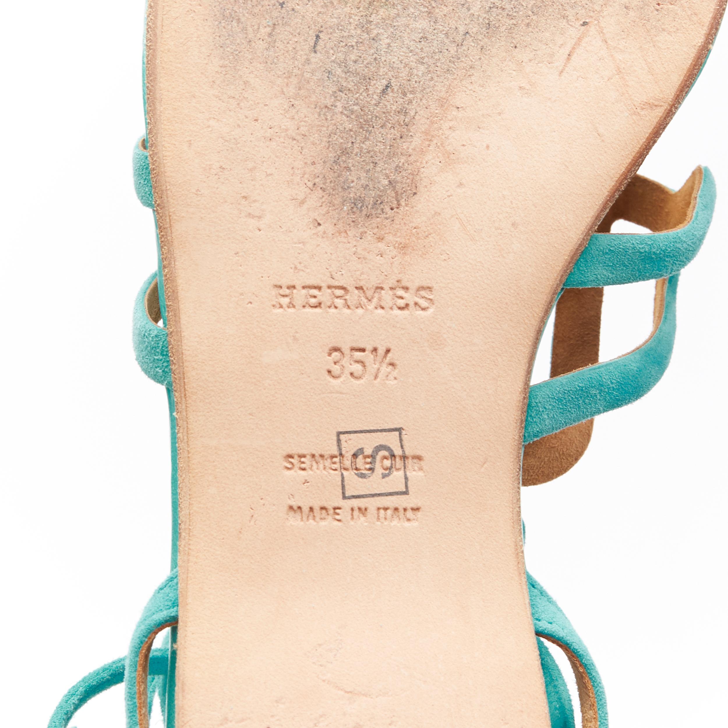 HERMES teal blue suede geometric buckle ankle wrap thong flat sandals EU35.5 4