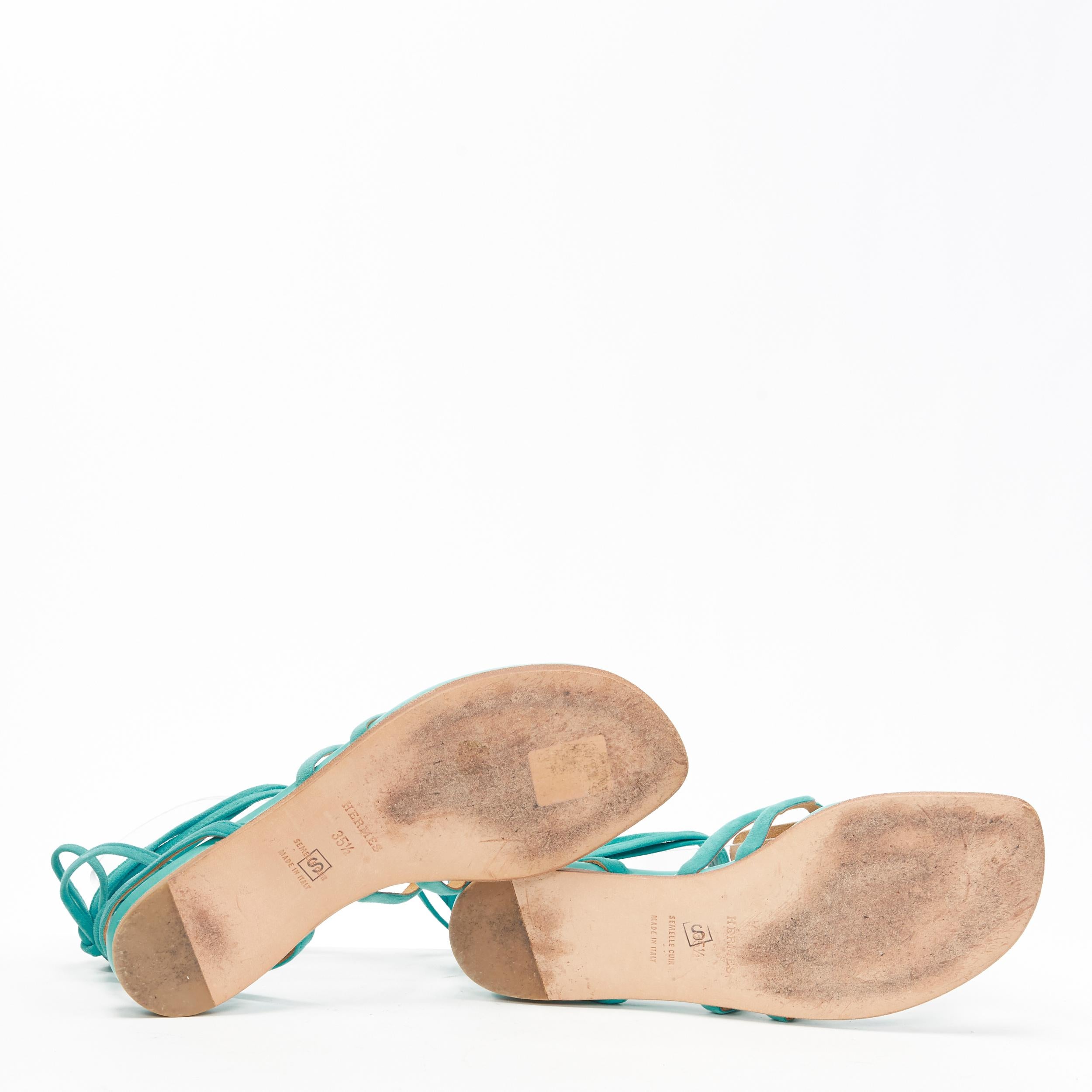 Blue HERMES teal blue suede geometric buckle ankle wrap thong flat sandals EU35.5