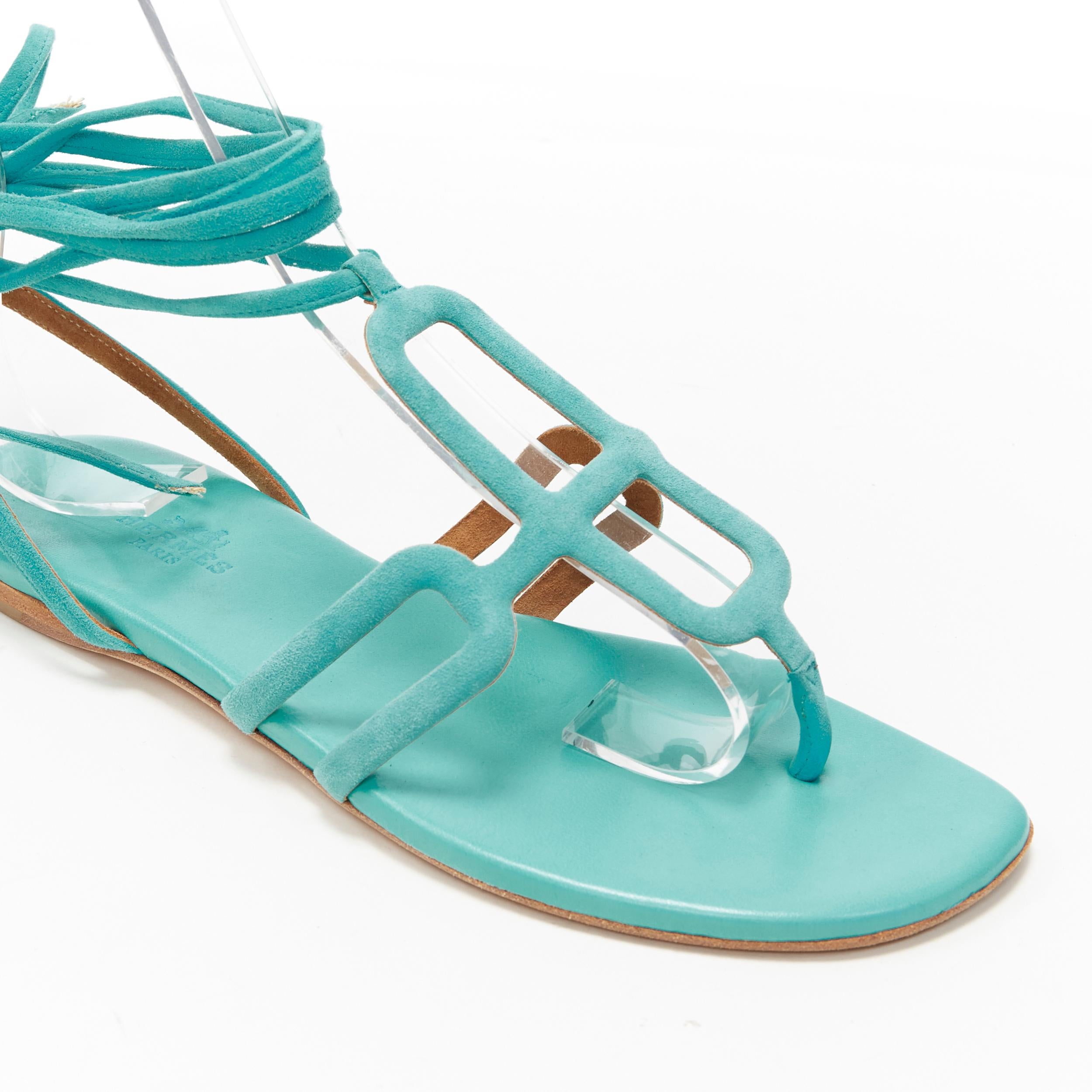 Women's HERMES teal blue suede geometric buckle ankle wrap thong flat sandals EU35.5
