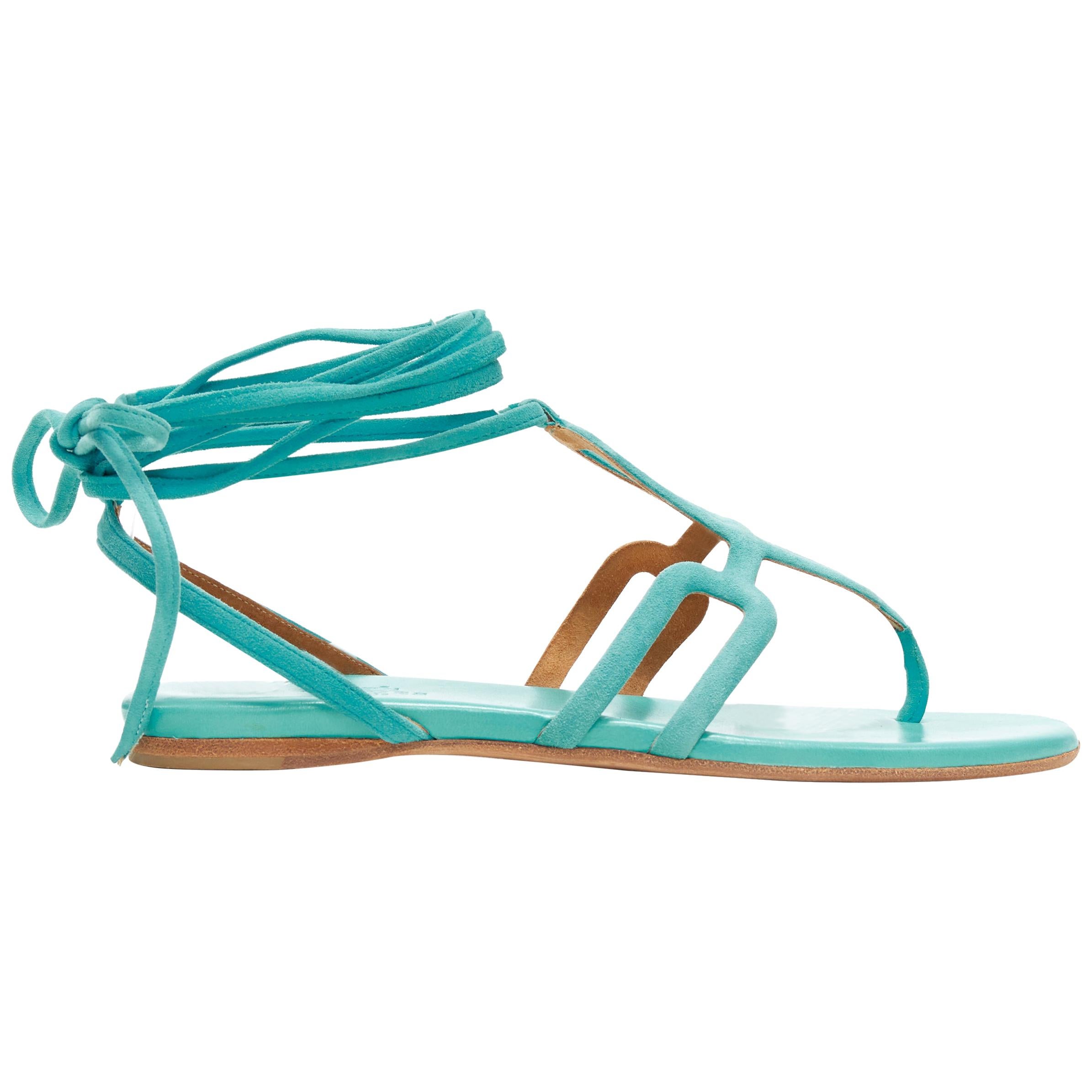 HERMES teal blue suede geometric buckle ankle wrap thong flat sandals EU35.5