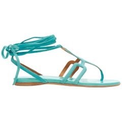 HERMES teal blue suede geometric buckle ankle wrap thong flat sandals EU35.5