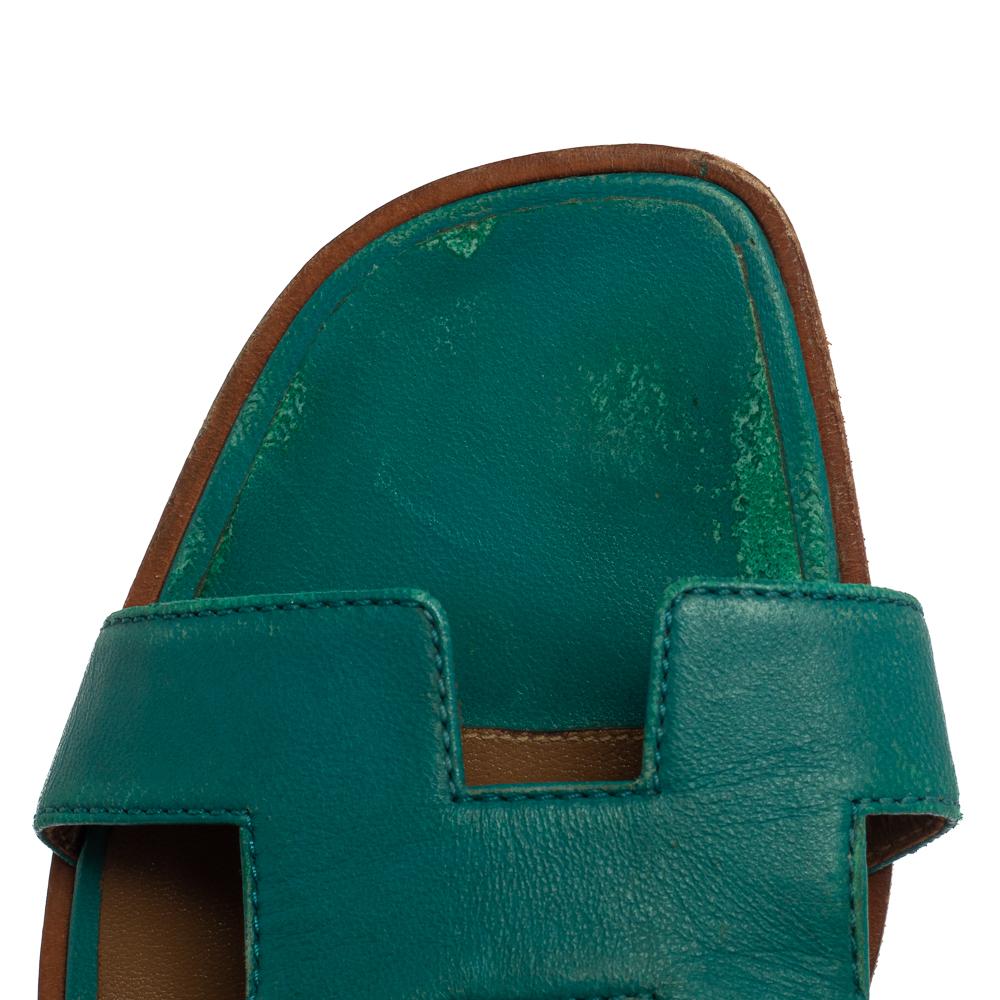 Women's Hermes Teal Green Leather Oran Flat Slides Size 38.5