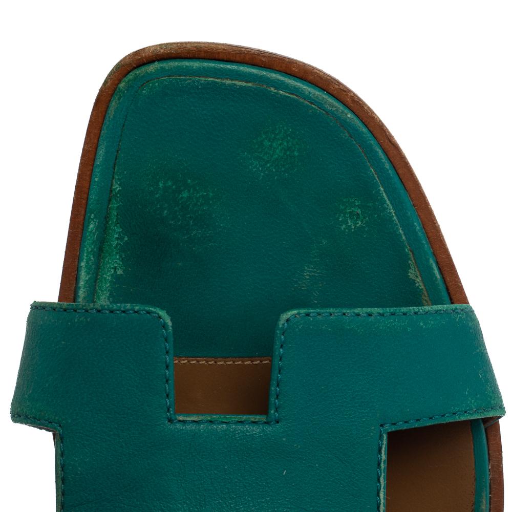 Hermes Teal Green Leather Oran Flat Slides Size 38.5 1