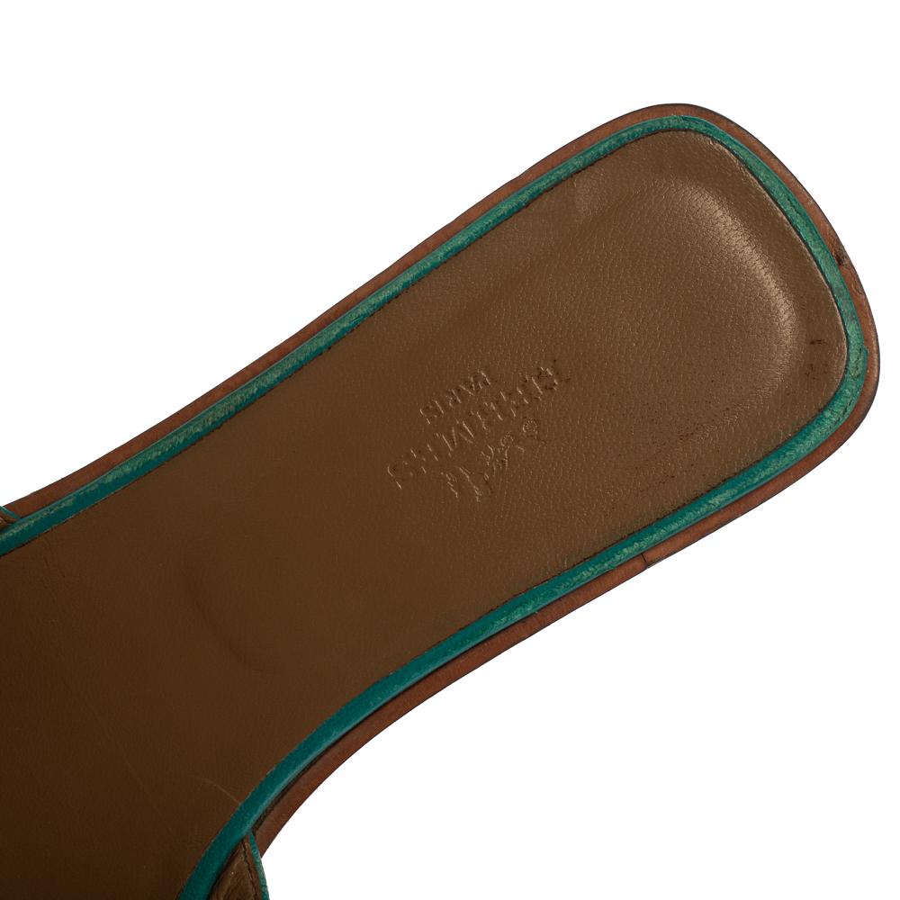 Hermes Teal Green Leather Oran Flat Slides Size 38.5 2