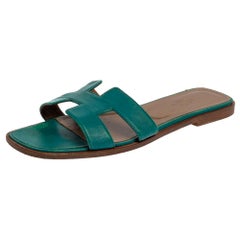 Hermes Teal Green Leather Oran Flat Slides Size 38.5