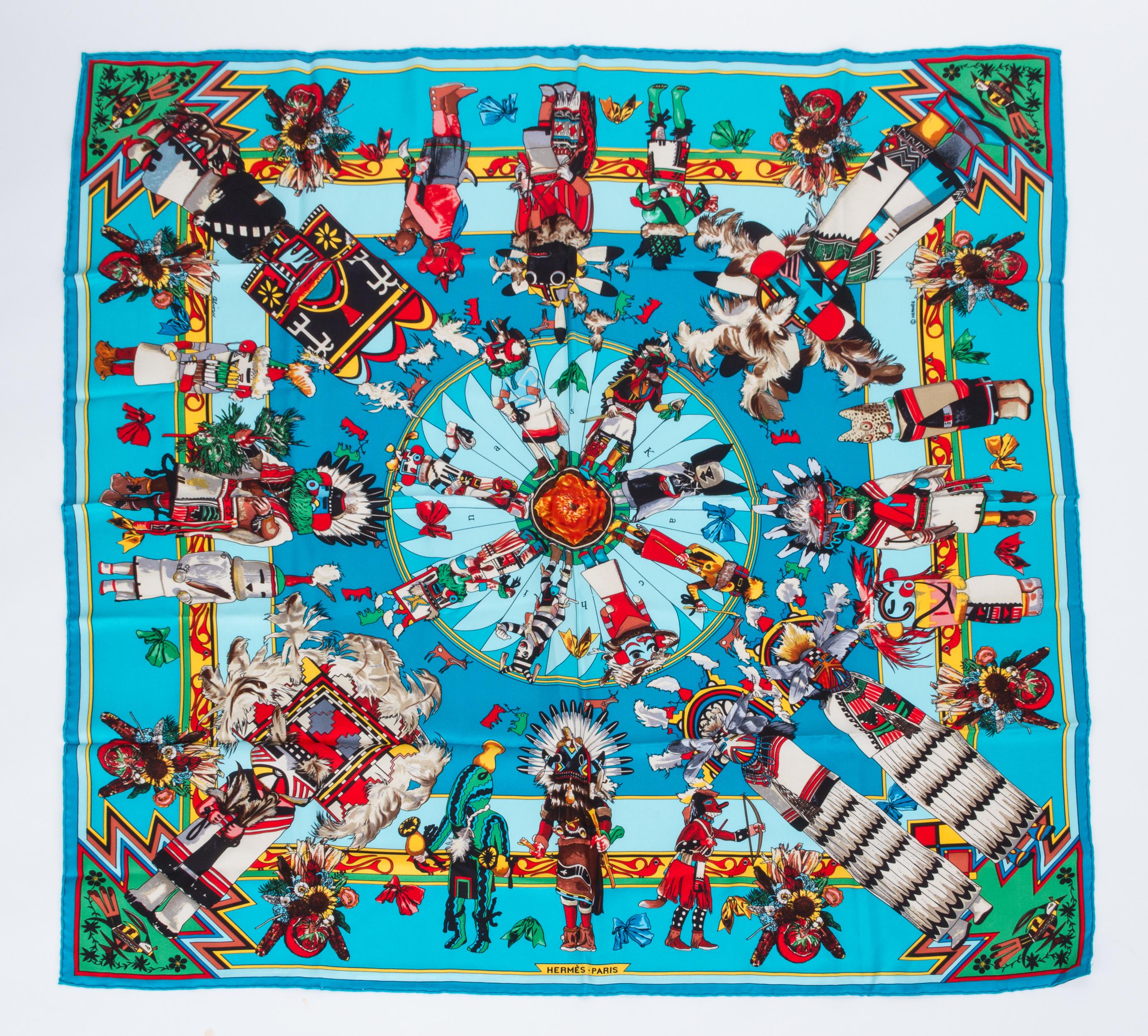 Hermès Teal Kachinas Scarf by Kermit Oliver in Box In Good Condition In West Hollywood, CA