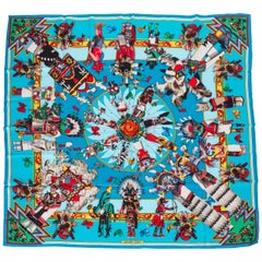 Hermès Teal Kachinas Scarf by Kermit Oliver in Box