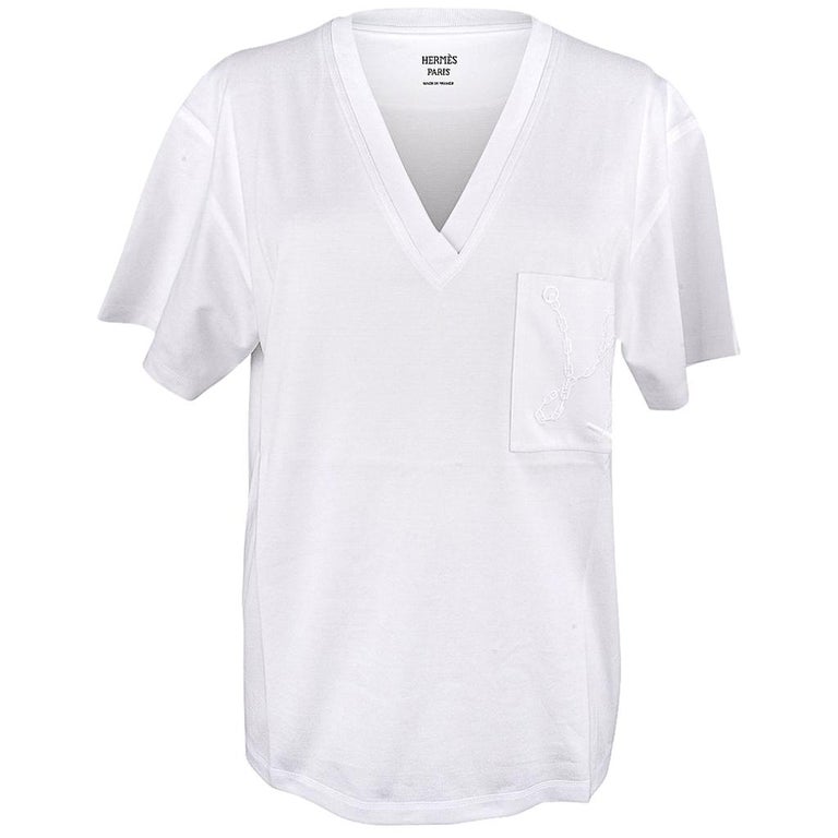 Hermes Tee Embroidered Pocket Straight T-Shirt White 40 New w/Tag For Sale  at 1stDibs