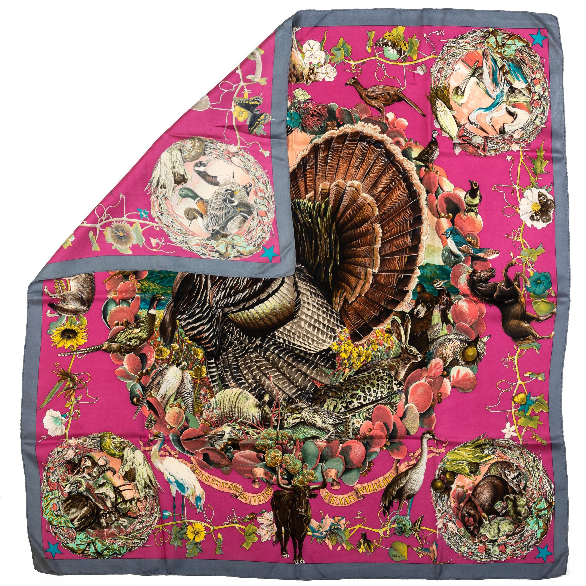Hermès silk twill Faune et Flore du Texas (aka Texas wildlife) fuchsia scarf by Kermit Oliver. Mint condition.