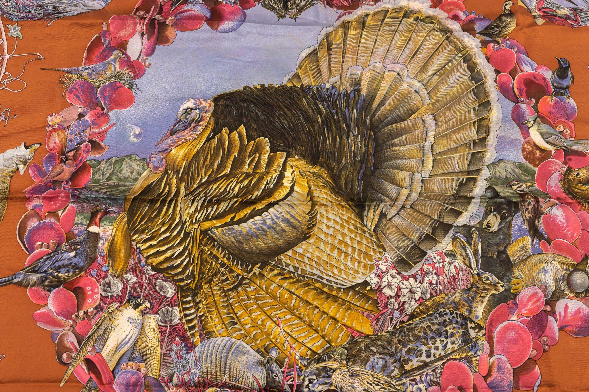 Brown Hermès Texas Wildlife Silk Scarf Rust & Purple