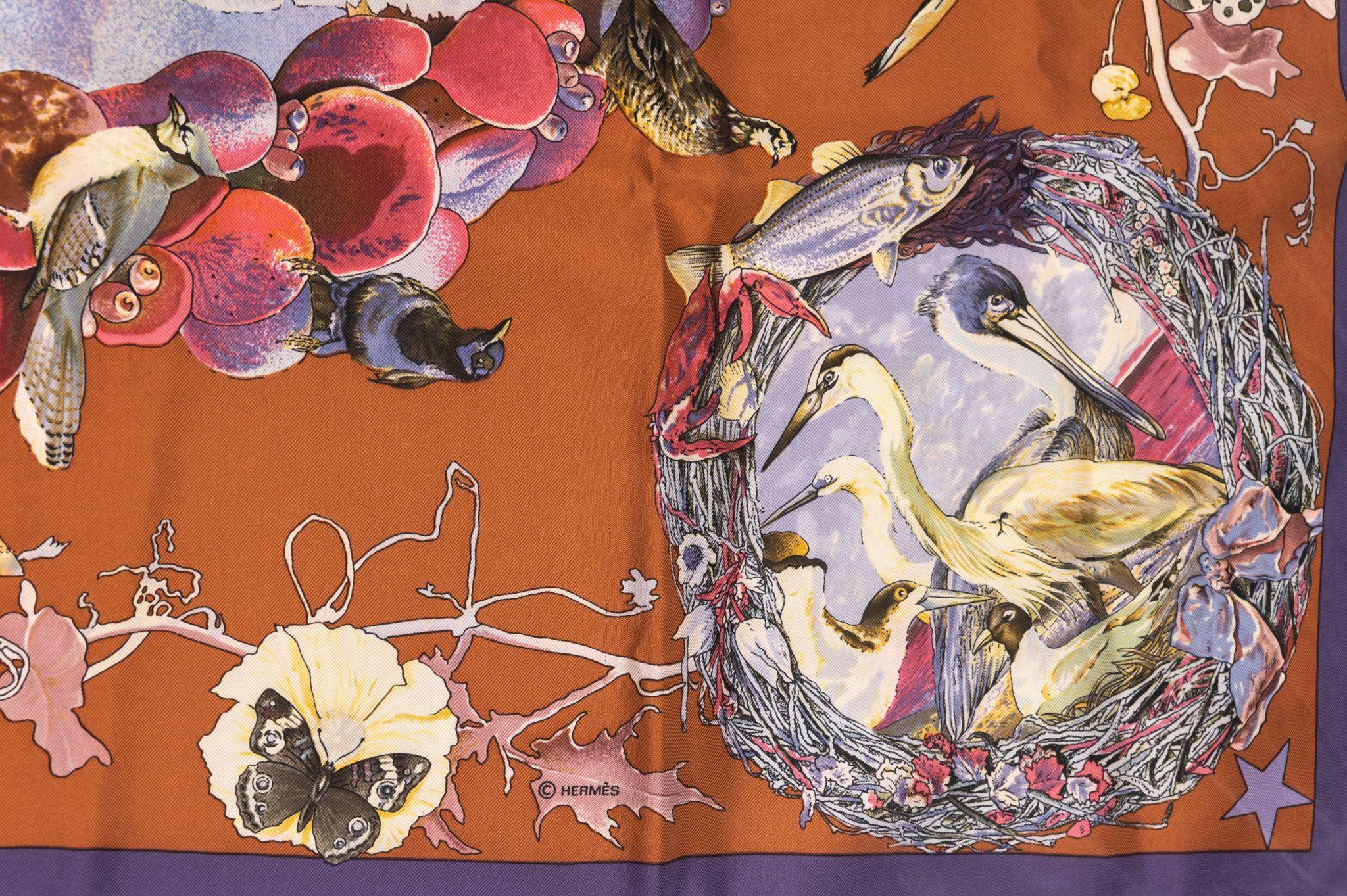 Hermès Texas Wildlife Silk Scarf Rust & Purple In Excellent Condition In West Hollywood, CA