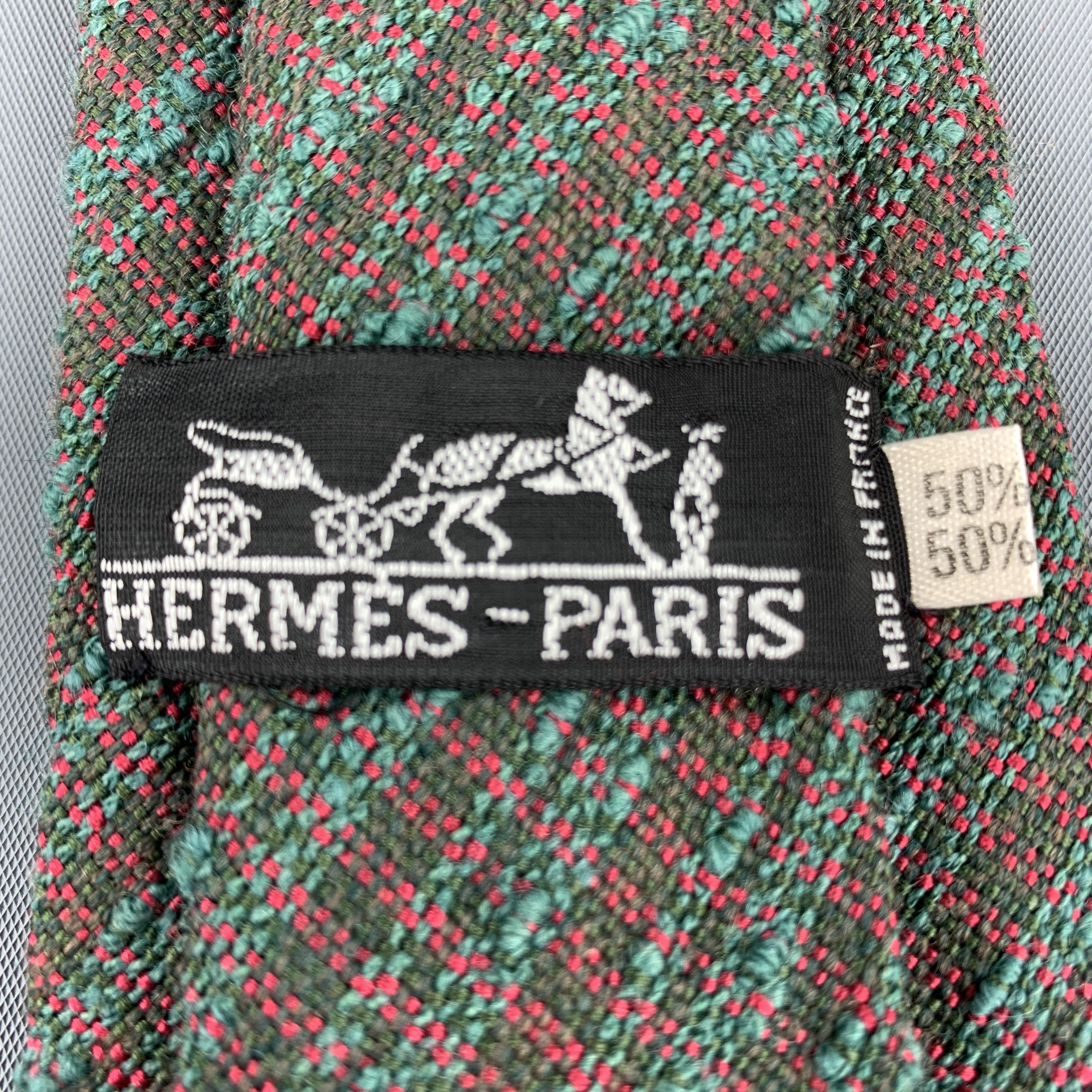 HERMES Textured Olive Silk / Wool Tie In Excellent Condition In San Francisco, CA