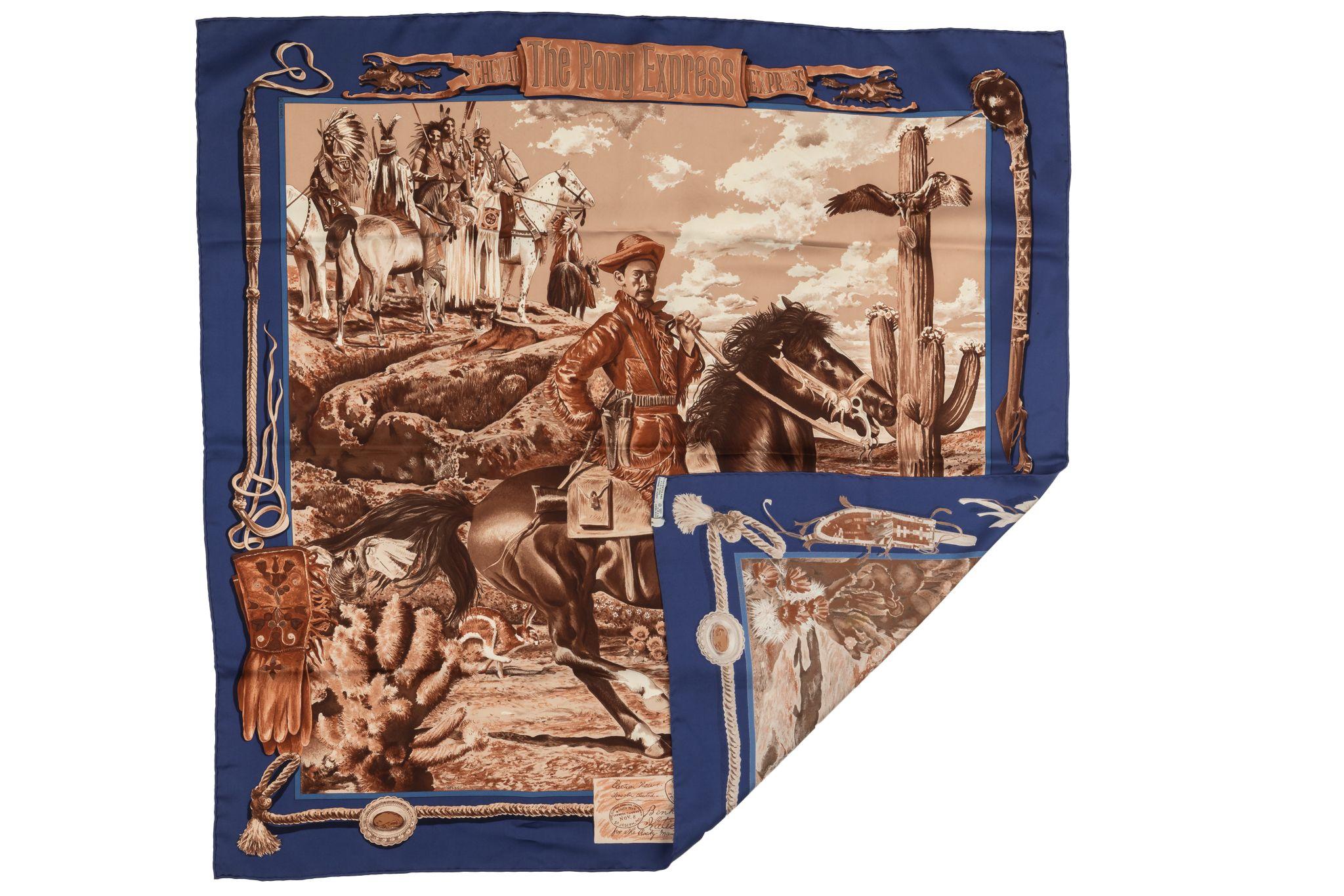 Hermès Pony Express silk scarf by famed artist Kermit Oliver. The Pony Express features the postal system between Missouri and California during the mid 1800s. Hand-rolled edges. Does not include box. Minimal wear. Care tag attached. Minor