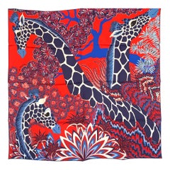 Hermes The Three Graces Giraffes Silk Scarf au Carre 90 Red