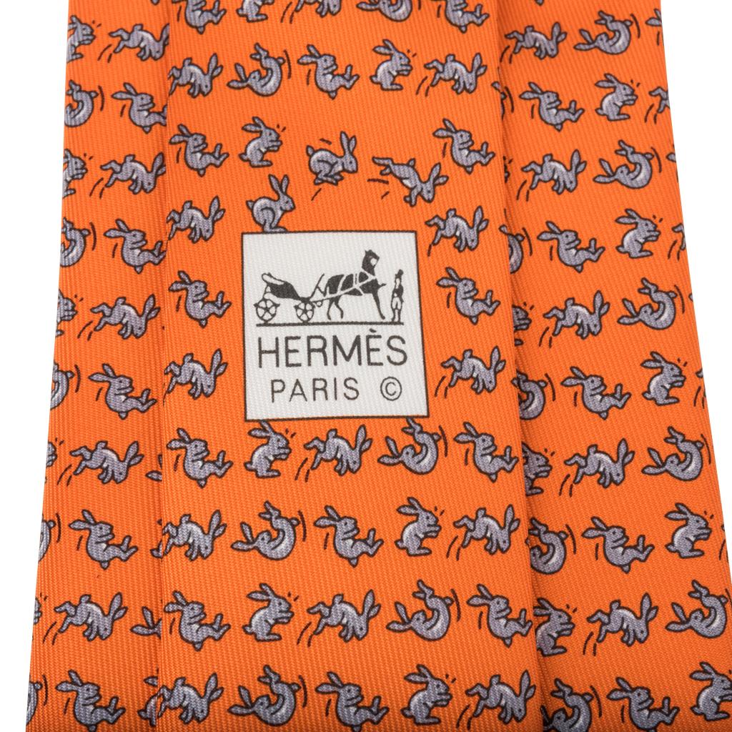 Hermes Tie Cabrioles Rabbit Orange Vif / Gris New w/ Box In New Condition In Miami, FL