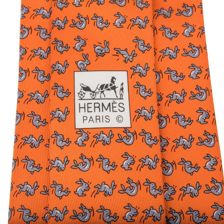 Hermes Tie Cabrioles Rabbit Orange Vif / Gris New w/ Box at 1stDibs ...