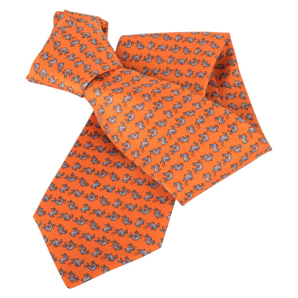 Hermes Tie Cabrioles Rabbit Orange Vif / Gris New w/ Box