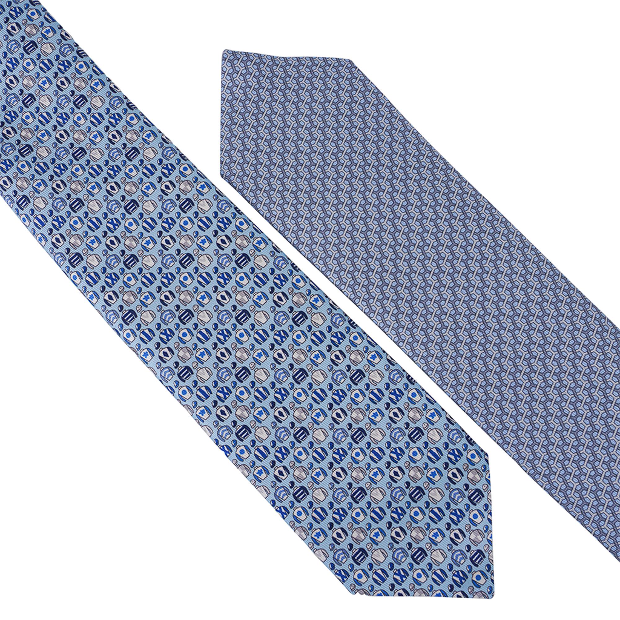 Gray Hermes Tie Double 6 Imprimee Ciel / Marine Twillbi New w/Box For Sale