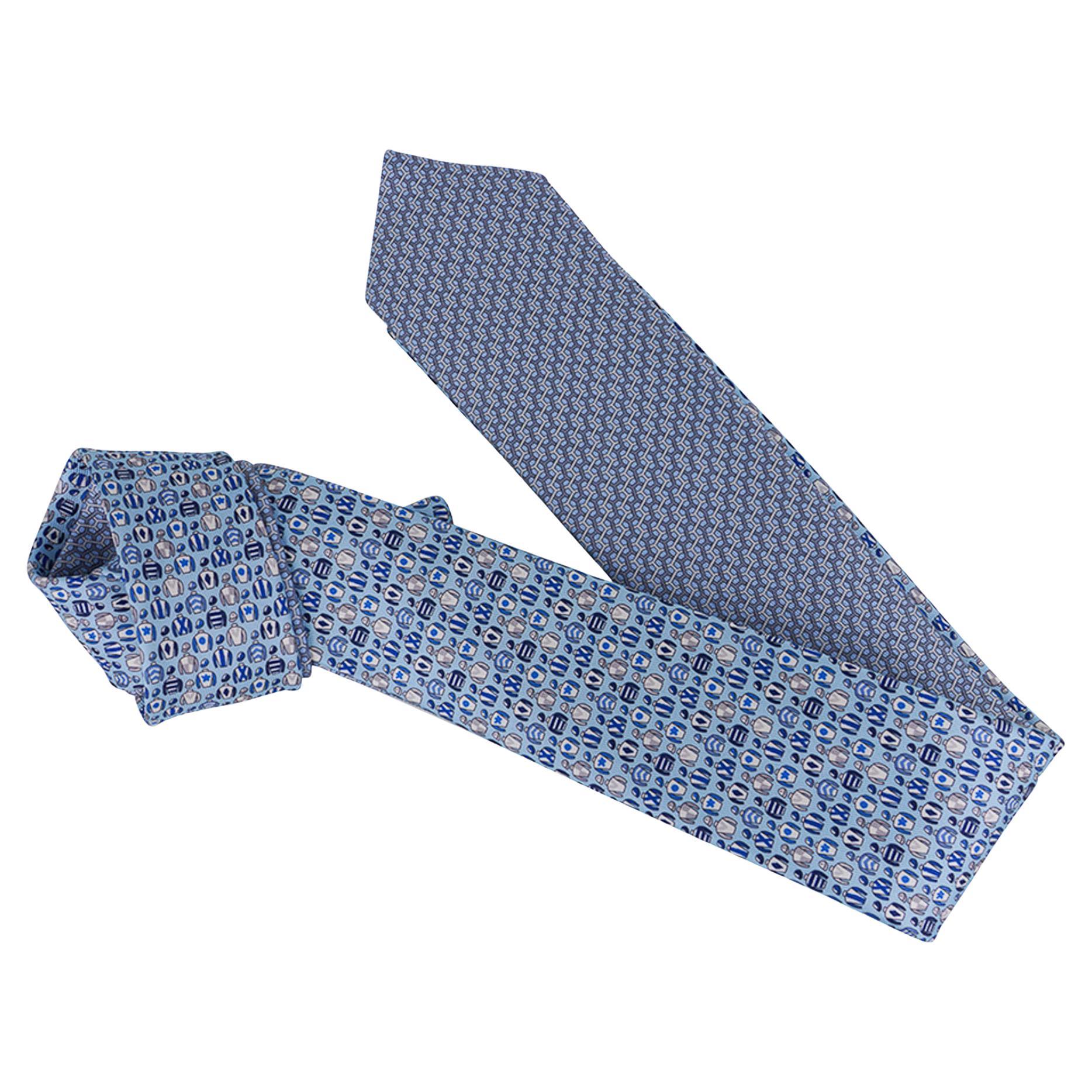 Cravate double 6 Imprimee Ciel / Marine Twillbi Hermès, neuve avec boîte