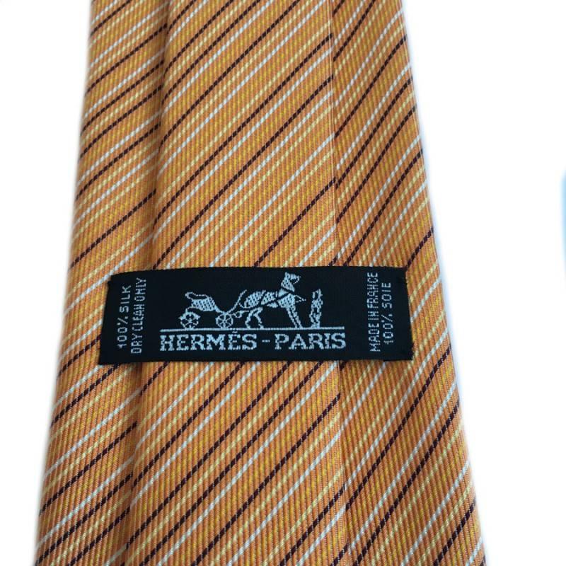 HERMES Tie in Orange Silk with White, Yellow and Black Stripes In New Condition In Paris, FR