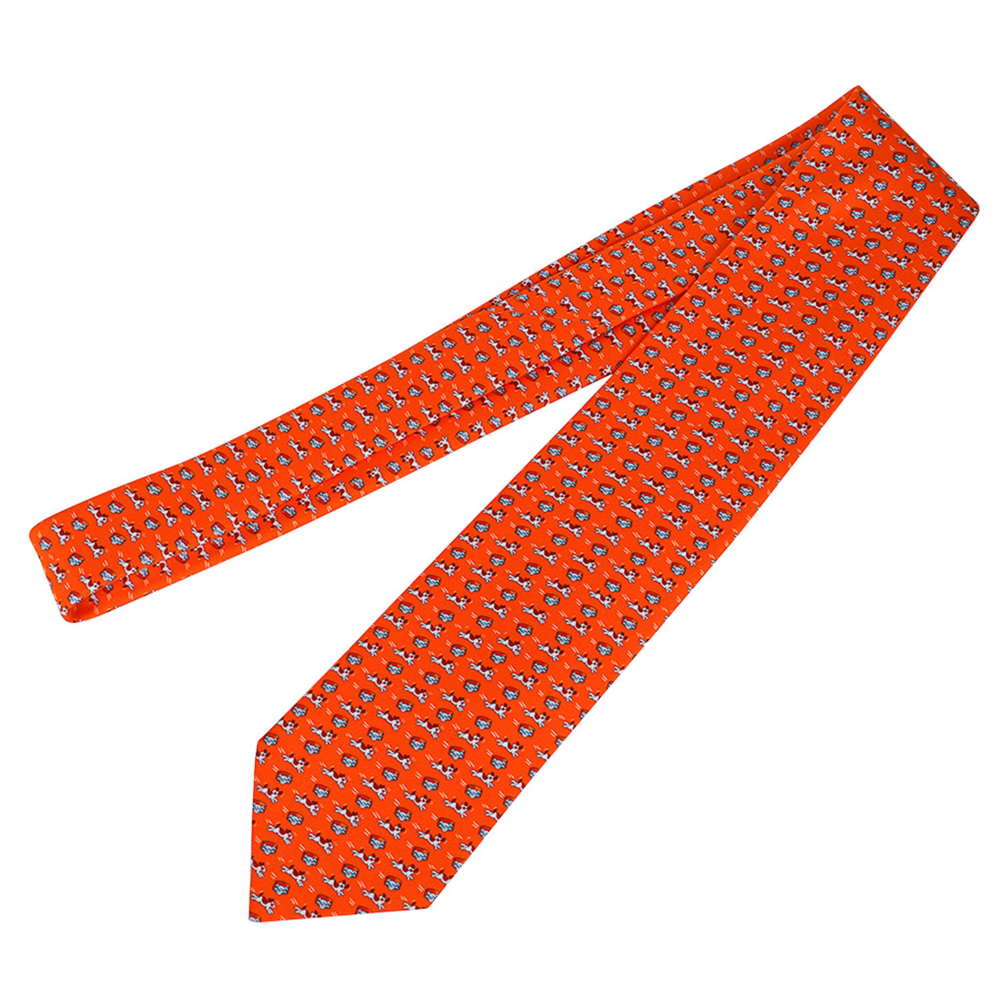 Hermes Tie Oh My Dog Orange Vif Silk Twill New w/ Box In New Condition In Miami, FL