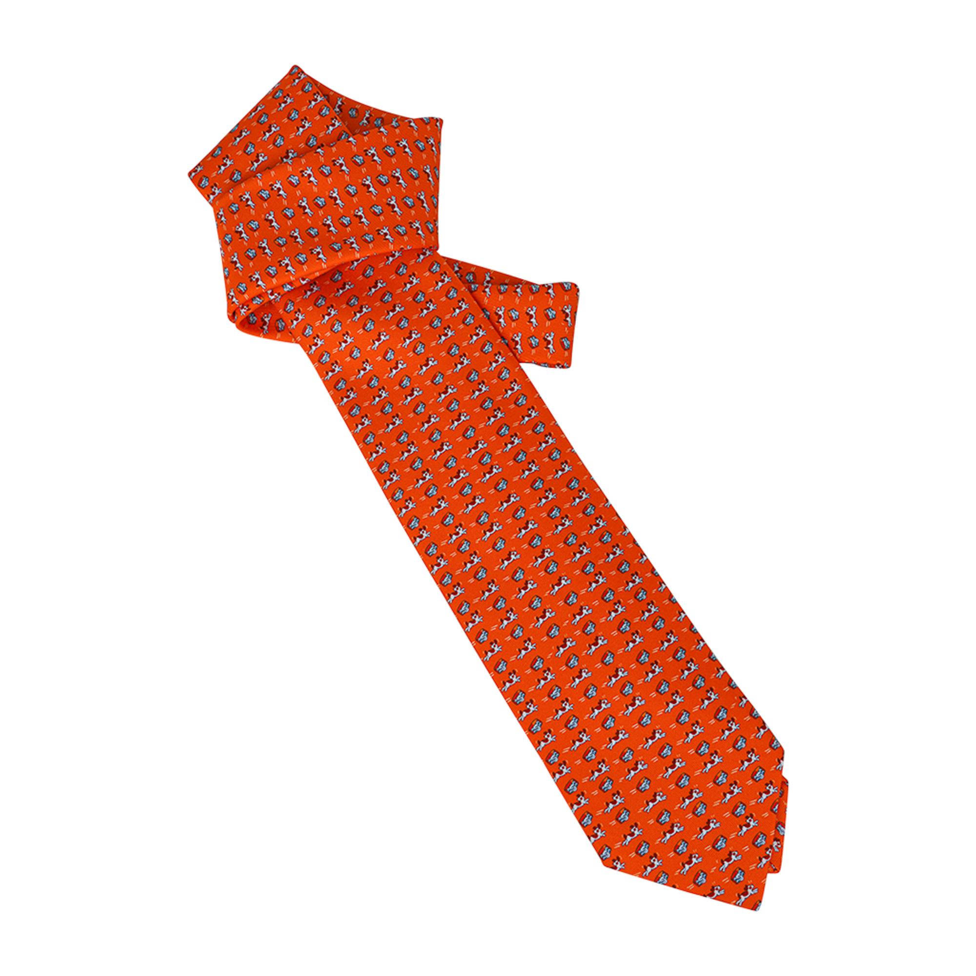 Men's Hermes Tie Oh My Dog Orange Vif Silk Twill New w/ Box