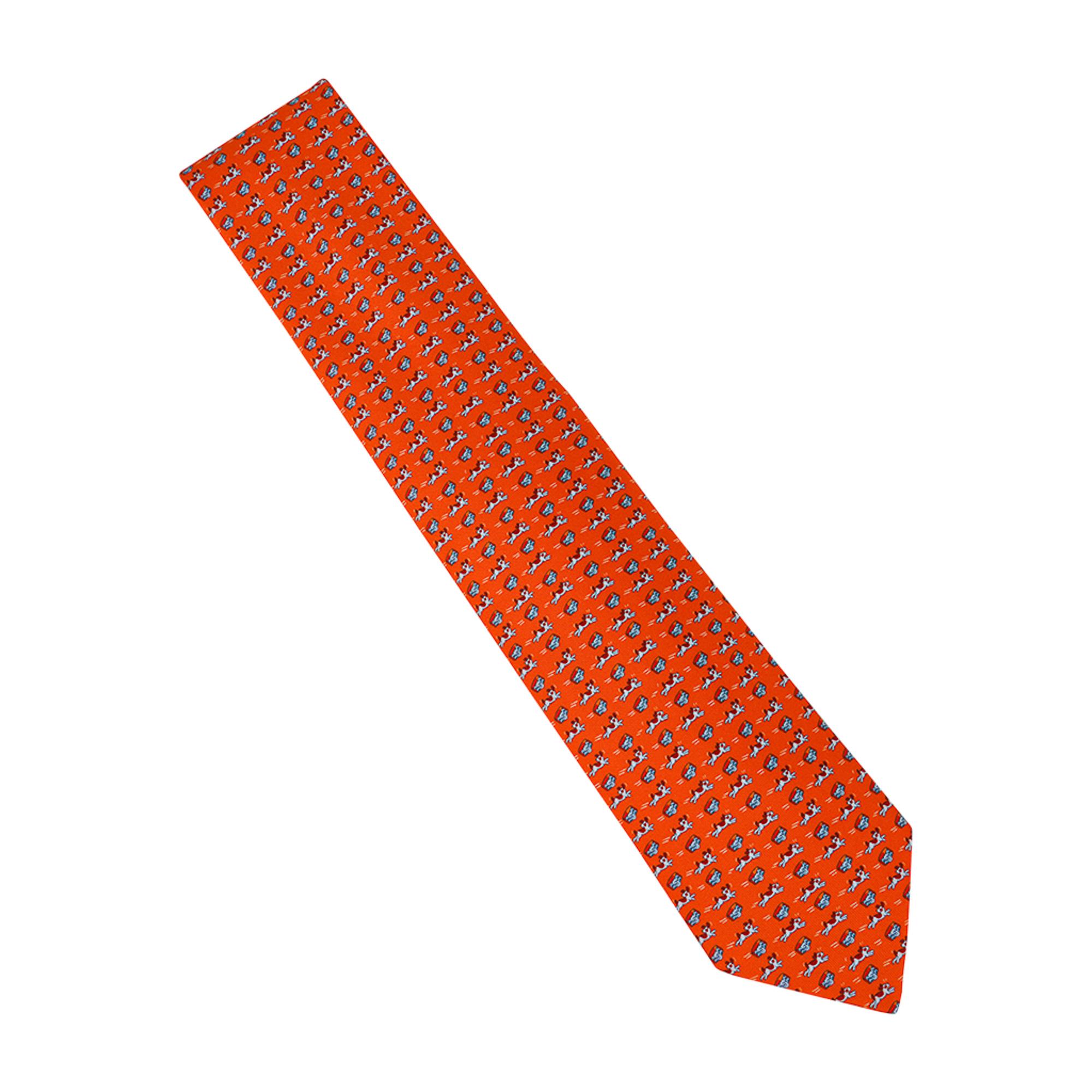 Hermes Tie Oh My Dog Orange Vif Silk Twill New w/ Box 1