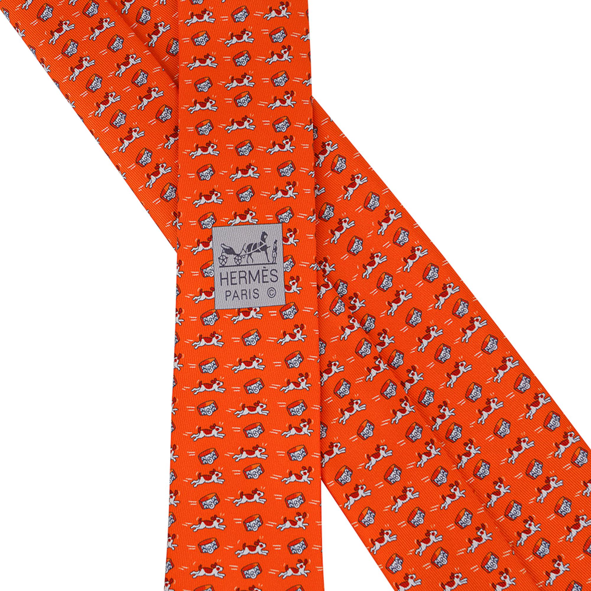Hermes Tie Oh My Dog Orange Vif Silk Twill New w/ Box 2