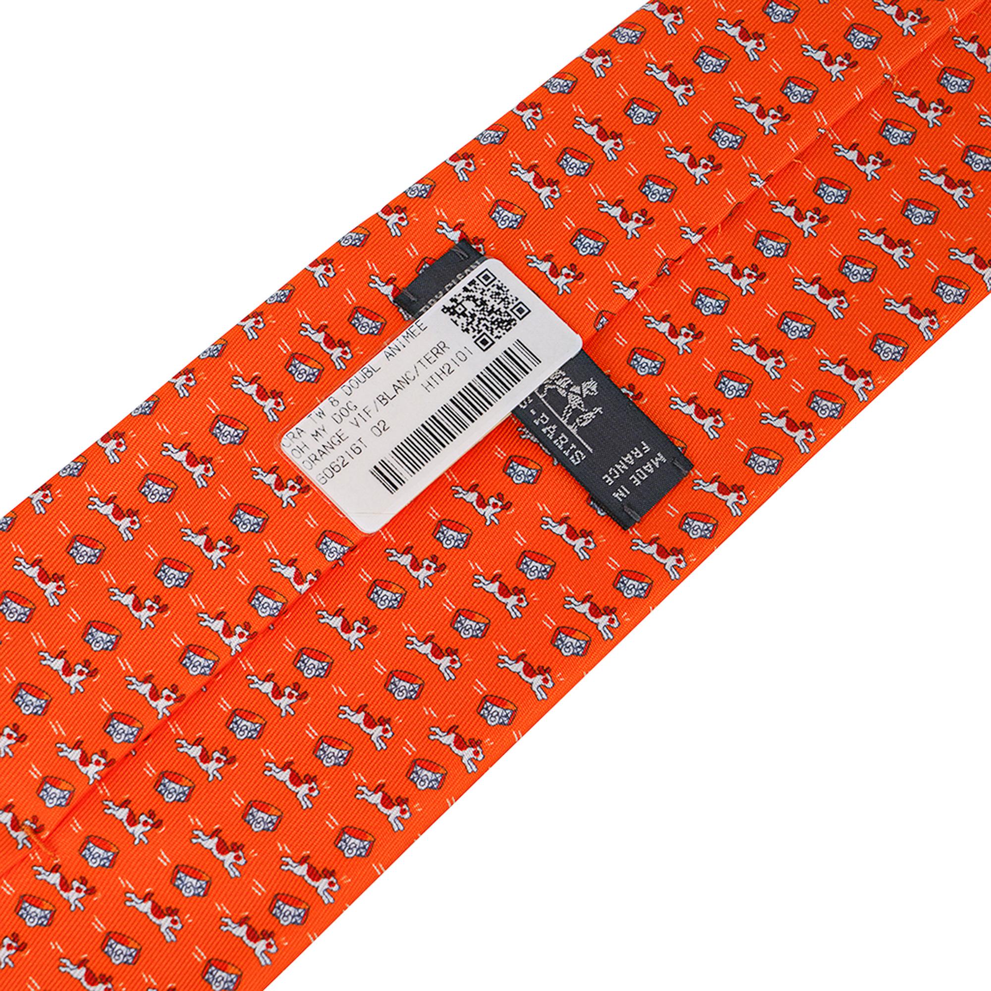 Hermes Tie Oh My Dog Orange Vif Silk Twill New w/ Box 4