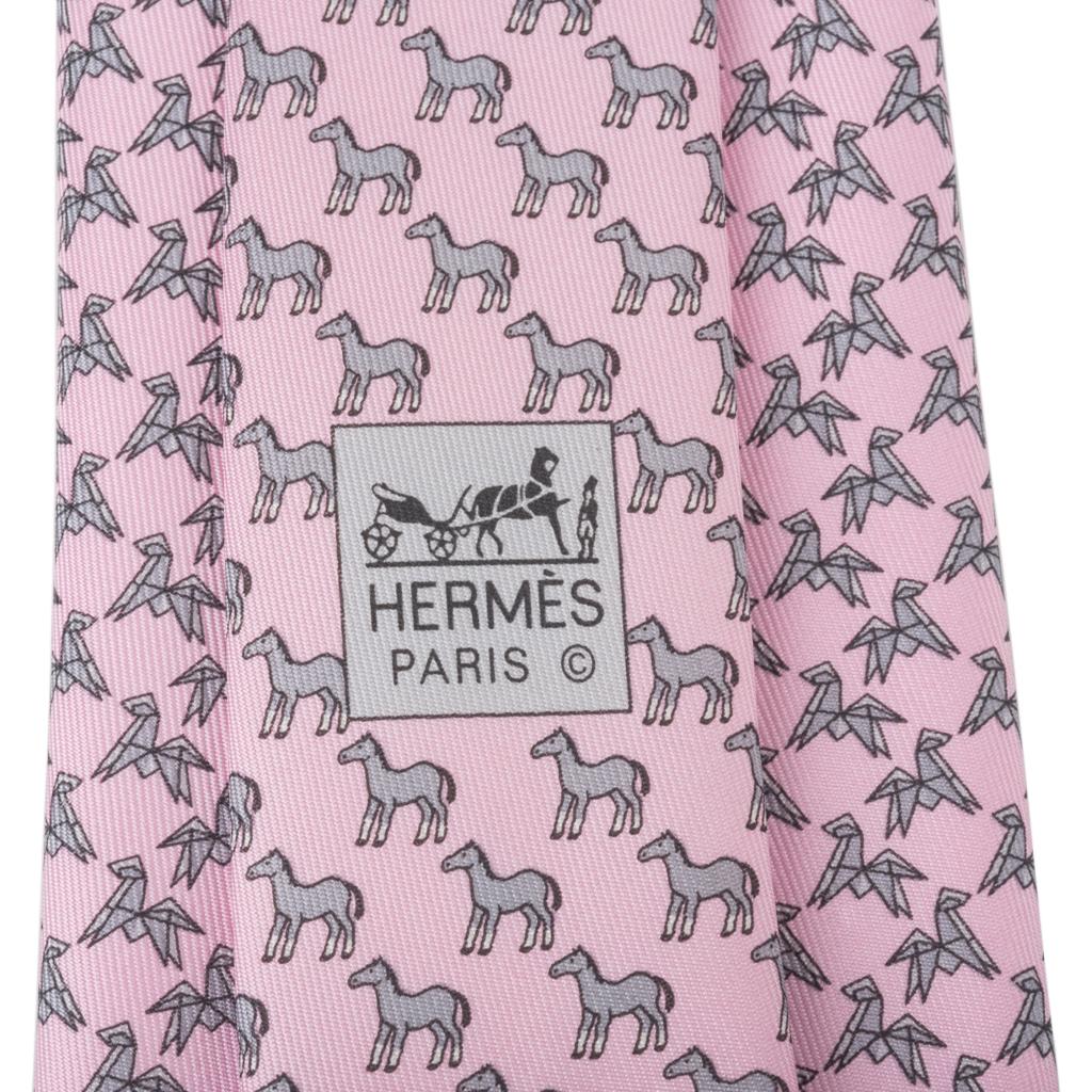 Gray Hermes Tie Origami Horse Rose / Gris Silk Twillbi 