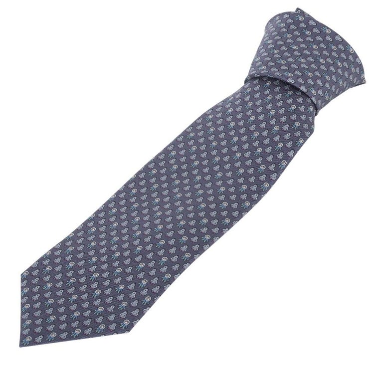 Hermes Tie Pingloo Twillbi Silk Gris Fonce Blue Moyen For Sale at 1stDibs